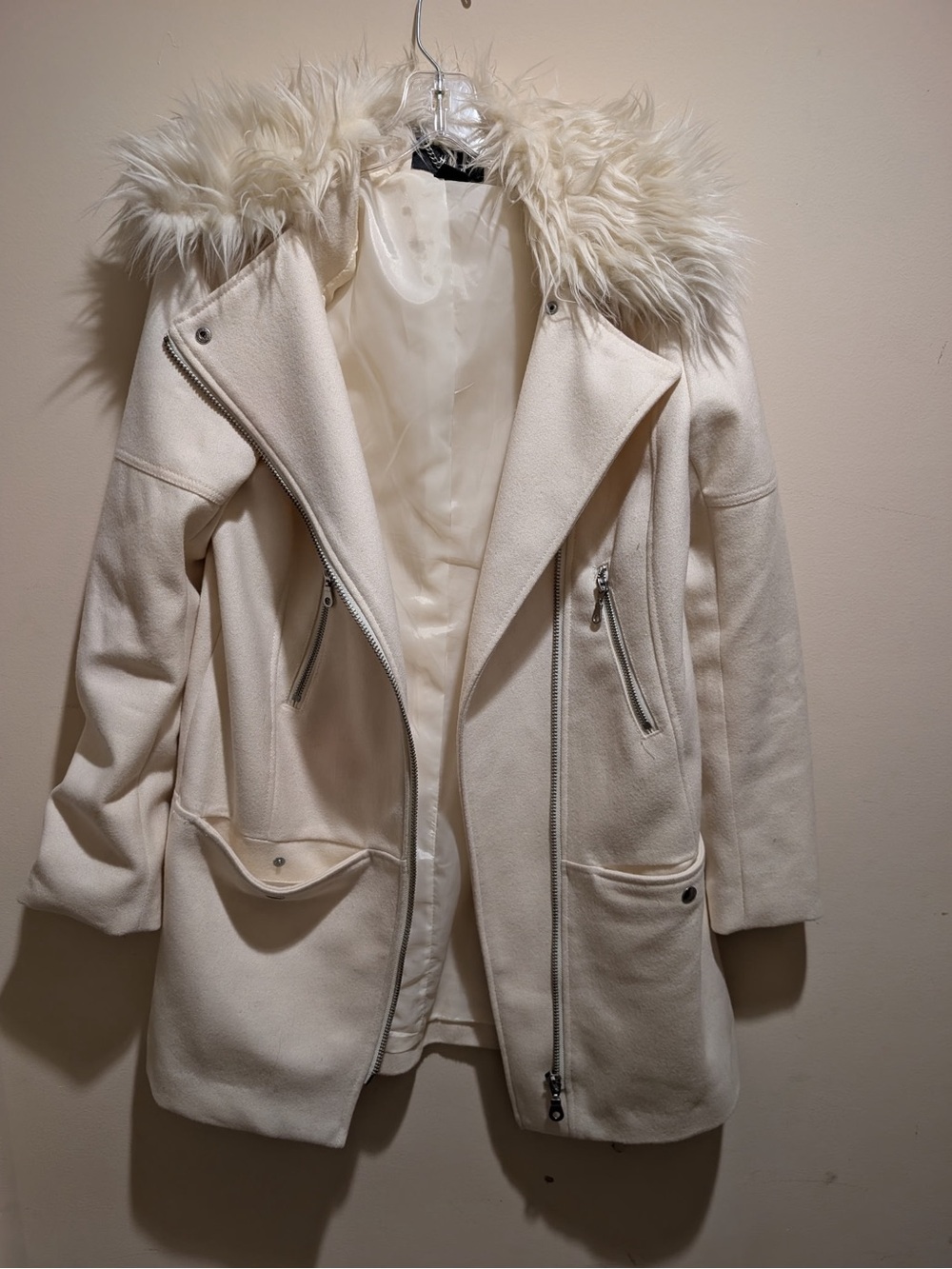 H&M Cream Faux-Fur Collar Trench Coat
